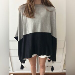 Ann Taylor Gray and Black Poncho with Tassels